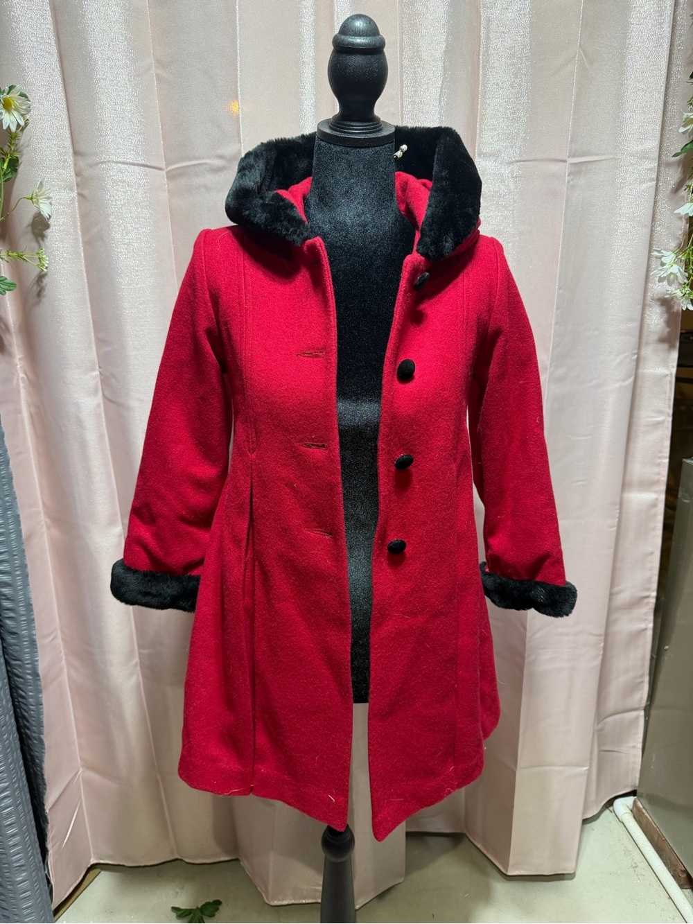 Girls 6x Red Wool Coat with Black Faux-Fur Trim